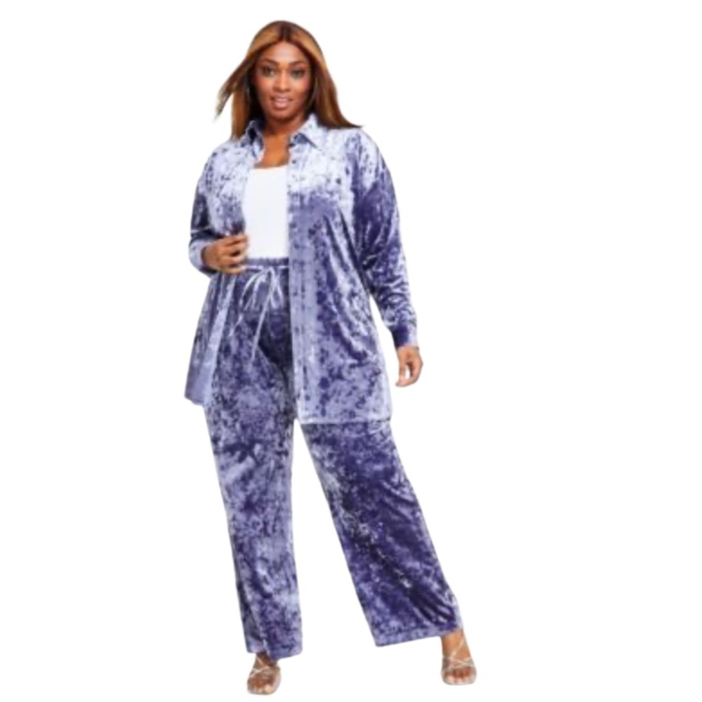 Nina Parker crashed velvet 2peice pant blouse set size 0x new trendy purple